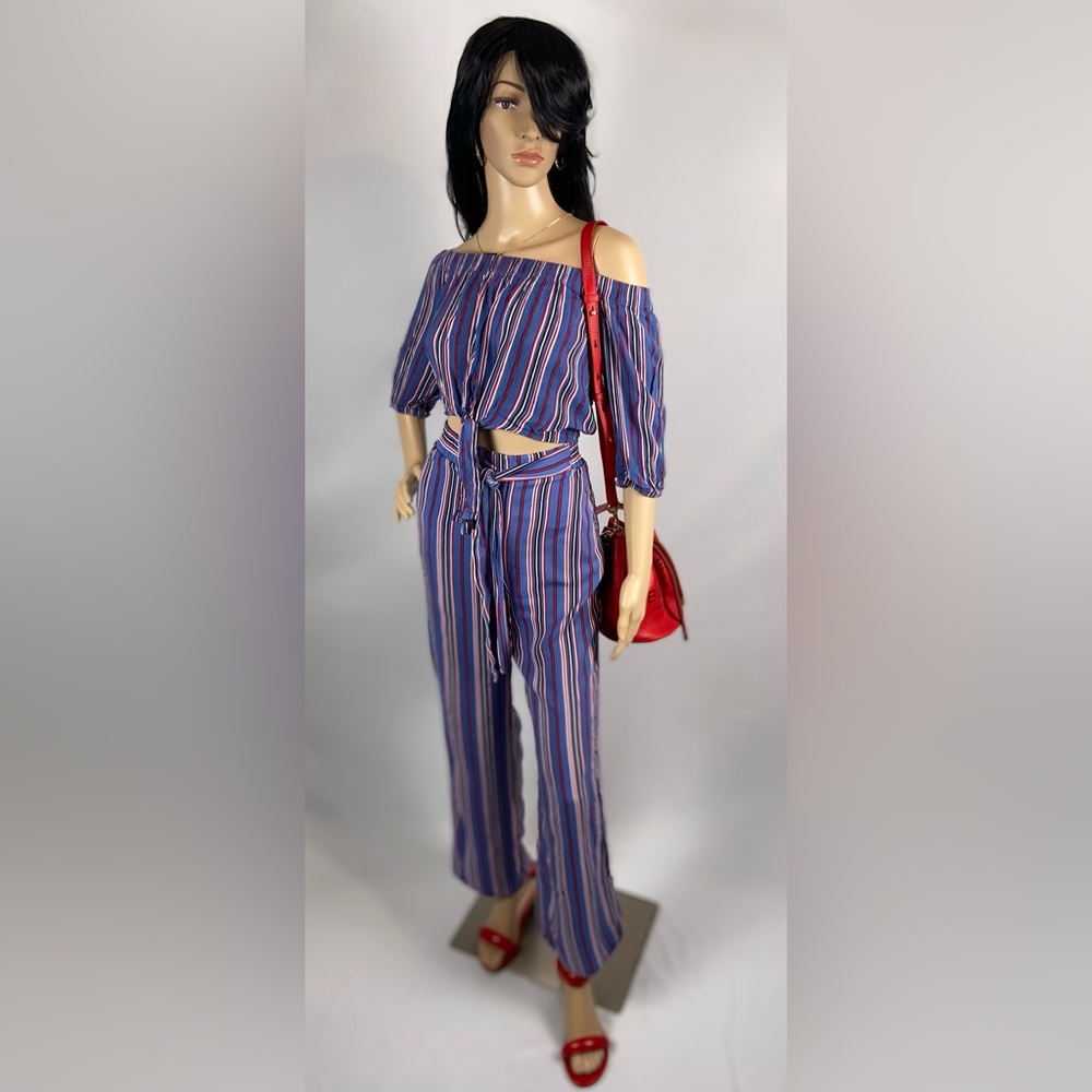 Matching Set Medium Blue Red White Stripes Top & Bottom Ambiance apparel